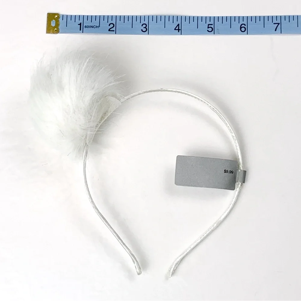 Pom pom headband white satin covered band with faux fur pom NWT